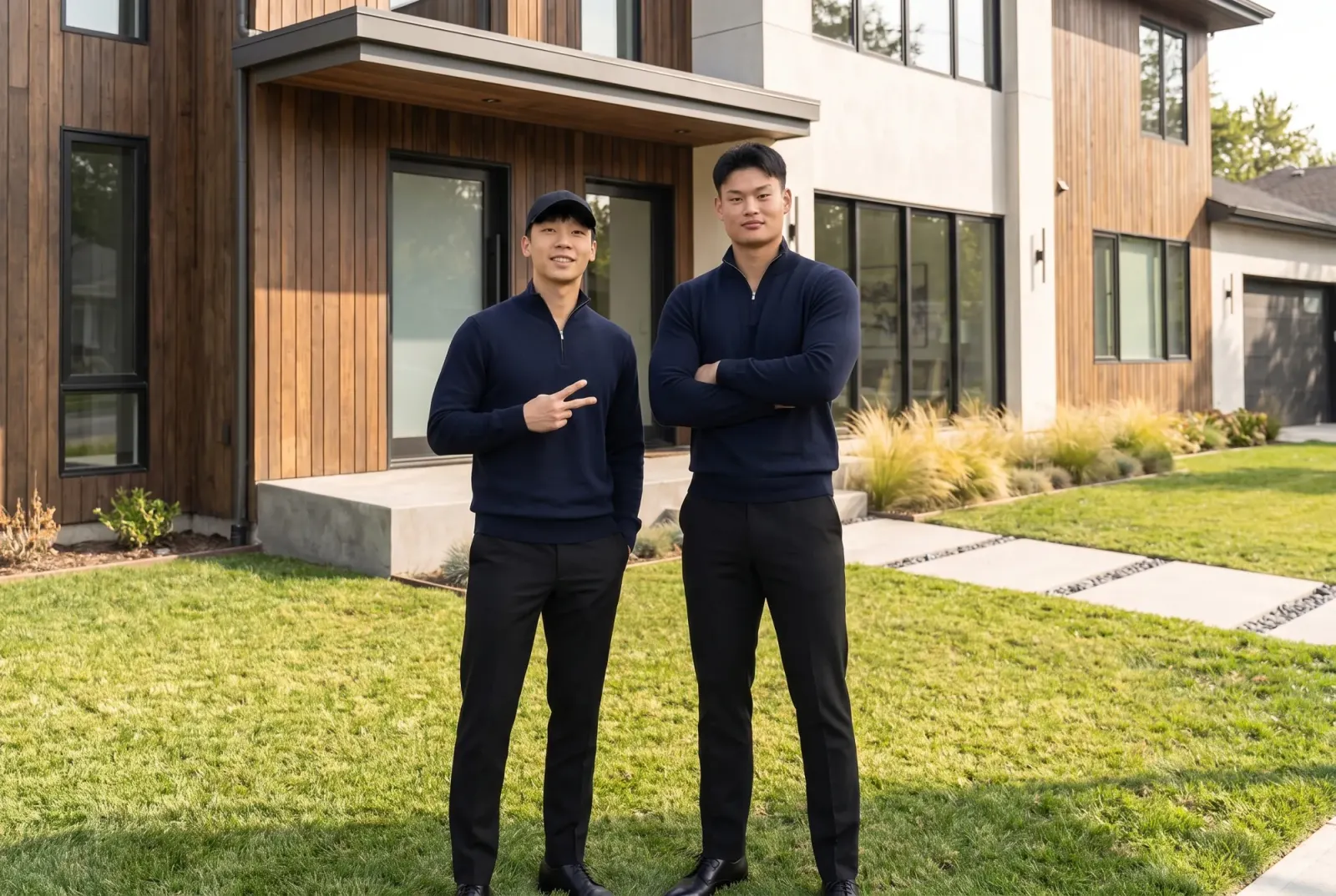 Alex and Justin standing on a front lawn outside a two-storey home
