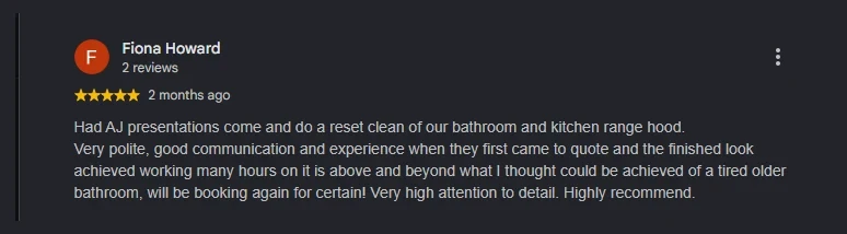 Fiona Howard's five-star Google review of a KB Reset on her bathroom and kitchen rangehood