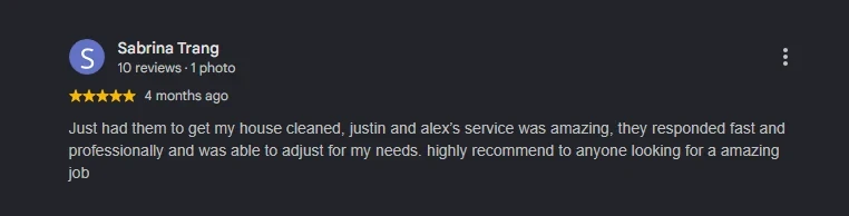 Sabrina Trang's five-star Google review naming Justin and Alex