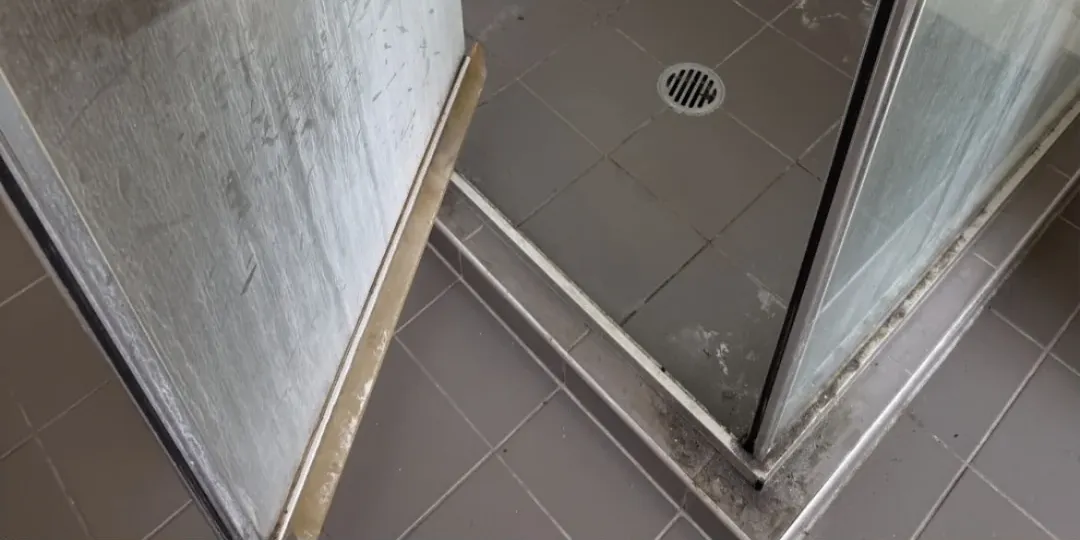 Before: soap scum on the shower screen and a soiled shower base and door track